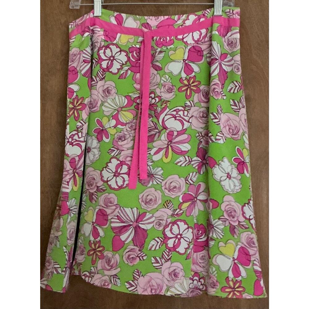100% Silk Y2K Pink Ribbon S.L.B Knee Length Woman Skirt Size L Green Pink Floral